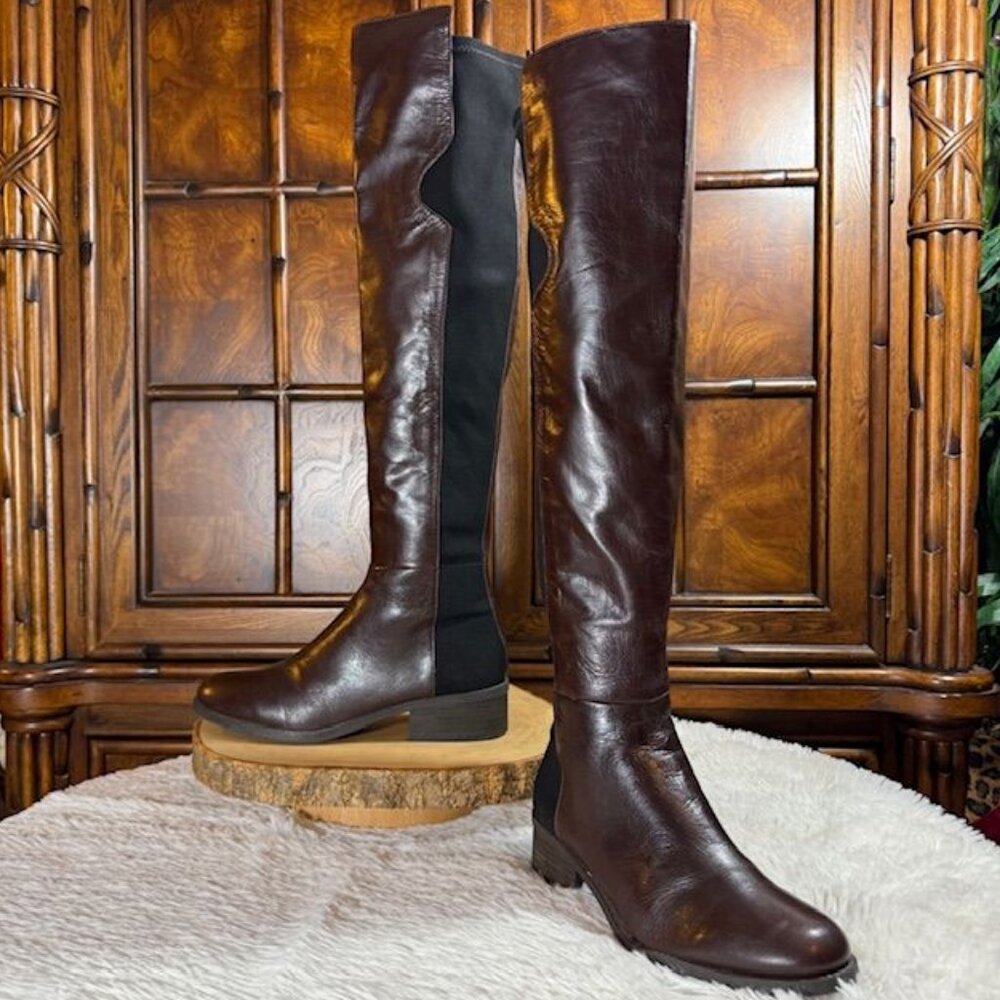 Nine West Genuine Leather Dark Brown Black Back Strip Over the Knee Boot